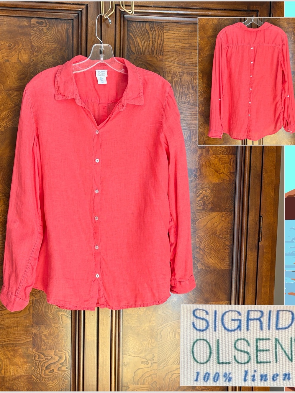 Sigrid Olsen 100% Linen Coral Button-Front Blouse Adjustable Sleeves